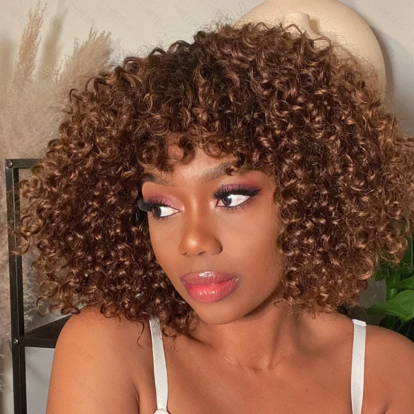 Special Deal | Ombre Brown Short Curly Throw On & Go Fringe Glueless Wig | Beginner Friendly - Image 4