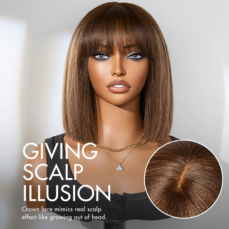 Put On and Go Realistic Glueless Yaki Straight Bob with Bangs Minimalist Lace Wig 100% Human Hair - Image 10